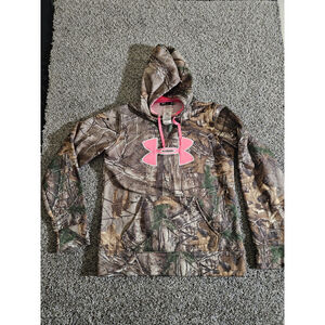 Under Armour Hoodie Womens S Realtree Camo Pink Logo Strings Pullover Sweatshirt